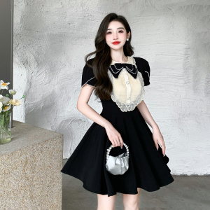RM15017#夏季女装法式高级感气质赫本小黑裙小香风泡泡袖连衣裙