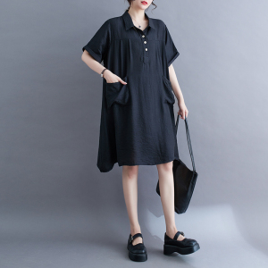 RM14011#纯色夏季新款短袖中长款气质大码宽松显瘦洋气裙子雪纺连衣裙