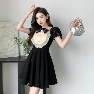 RM15017#夏季女装法式高级感气质赫本小黑裙小香风泡泡袖连衣裙