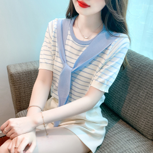 RM19211#夏新款韩版简约假两件条纹冰丝短袖T恤休闲洋气小衫减龄上衣