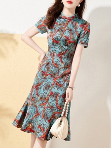 RM12742#夏新款复古时尚撞色印花气质优雅丝光改良旗袍连衣裙