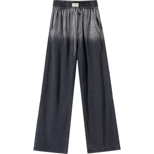 RM13276#黑色天丝牛仔裤女直筒宽松夏季薄款垂感冰丝凉感渐变色阔腿裤