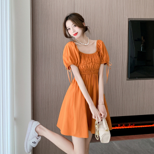 TR35973# 夏季新款韩版温柔方领泡泡袖甜美收腰连衣裙 服装批发女装服饰货源