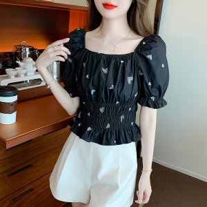 RM20503#夏季新款纯棉黑色方领短袖衬衫爱心刺绣泡泡袖法式上衣女