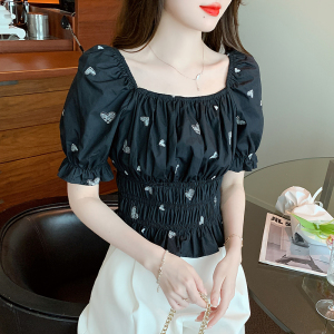 RM20503#夏季新款纯棉黑色方领短袖衬衫爱心刺绣泡泡袖法式上衣女
