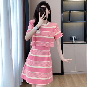 RM14425#中长款T恤裙条纹短袖假两件设计感连衣裙