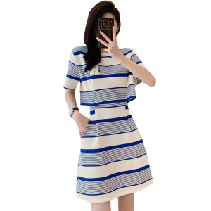 TR44352# 蓝色中长款T恤假两件条纹连衣裙 服装批发女装批发服饰货源