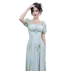 TR46959# 初夏午后方领鱼骨法式复古连衣裙 服装批发女装批发服饰货源
