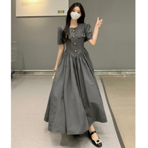 RM13257#大码女装时尚新款胖MM显瘦气质设计感高端拼接收腰中长款裙