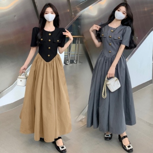 RM13257#大码女装时尚新款胖MM显瘦气质设计感高端拼接收腰中长款裙