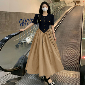 RM13257#大码女装时尚新款胖MM显瘦气质设计感高端拼接收腰中长款裙