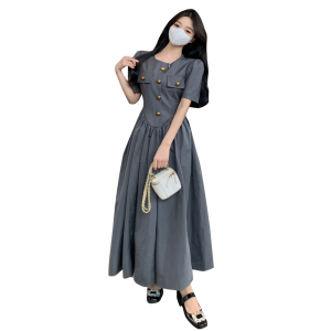 RM13257#大码女装时尚新款胖MM显瘦气质设计感高端拼接收腰中长款裙