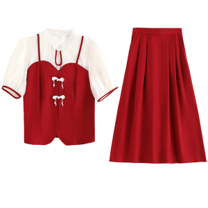 TR31890# 夏季新款大码女装复古改良上衣+半身裙裙两件套套装