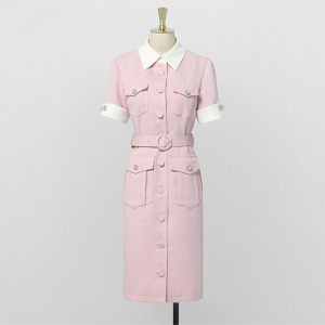 TR30633# 夏季女装新款气质浅粉色修身收腰显瘦中长款衬衫连衣裙裙子女