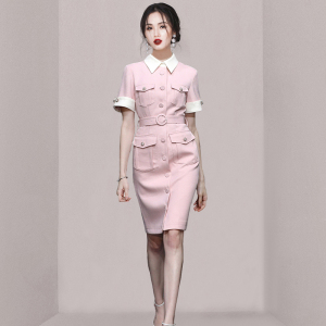 RM13172#夏季女装2023新款气质浅粉色修身收腰显瘦中长款衬衫连衣裙裙子女