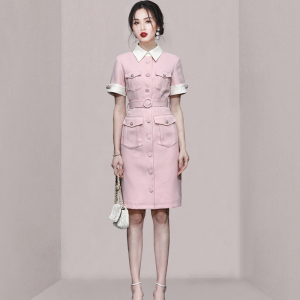 RM13172#夏季女装2023新款气质浅粉色修身收腰显瘦中长款衬衫连衣裙裙子女
