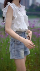 TR31171# 小清新甜美蕾丝娃娃衫背心女夏季韩版圆领褶皱宽松飞飞袖小衫