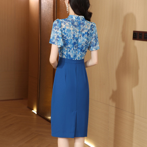 RM15682#新中式连衣裙女夏季新款钉珠碎花盘扣拼接气质高腰包臀裙子