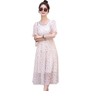 RM22083#连衣裙2023女夏小清新短袖方领法式超仙森系精致雪纺长裙