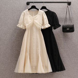 RM15069#大码女装2023夏季新款胖妹妹气质温柔网纱钉珠刺绣显瘦连衣裙