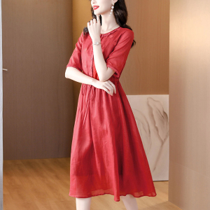 RM16865#红色五分袖红色苎麻连衣裙女夏季2023年新款女装气质长款裙子