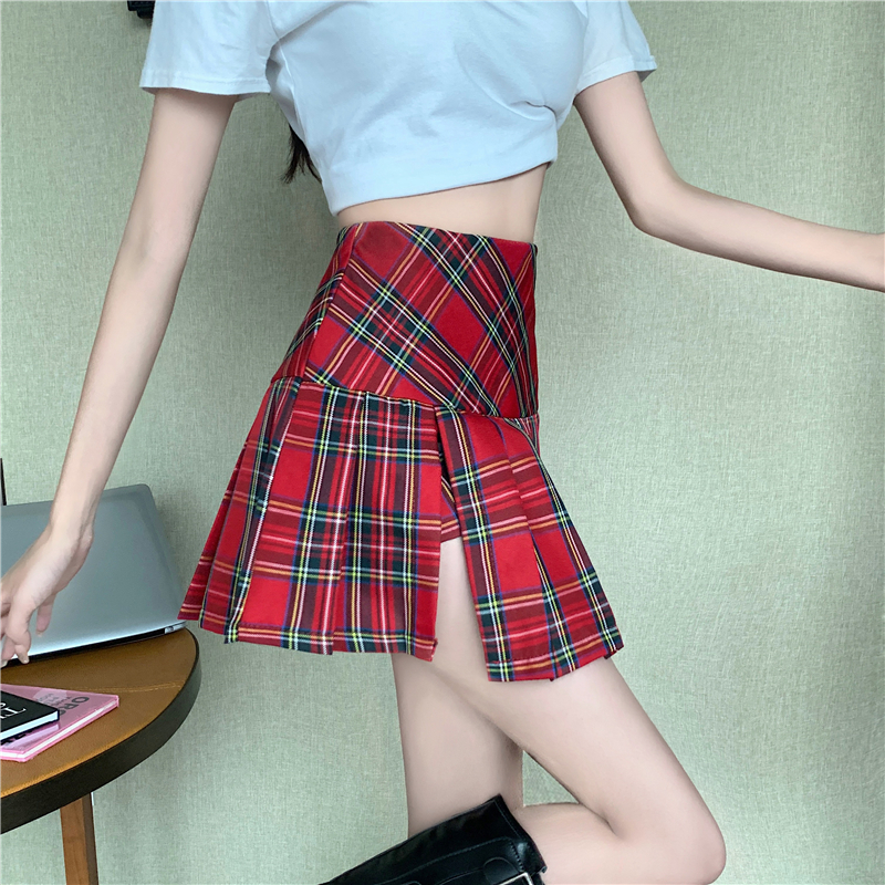 實拍實價  夏季美式學院復古風開衩顯腿長撞色格子百褶裙半身短裙