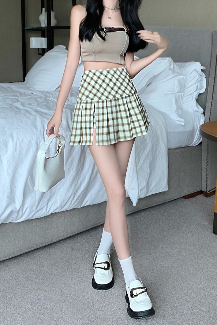 實拍實價  夏季美式學院復古風開衩顯腿長撞色格子百褶裙半身短裙
