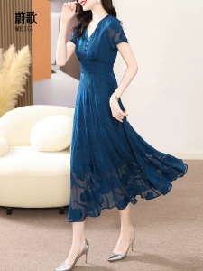 RM13724#流行蓝色高级感提花连衣裙长款2023夏季新款优雅显瘦大摆长裙
