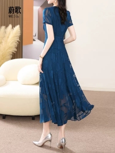 RM13724#流行蓝色高级感提花连衣裙长款2023夏季新款优雅显瘦大摆长裙