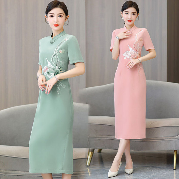 RM18147#中式夏季精致刺绣花时尚感优雅减龄长款修身显瘦女连衣裙