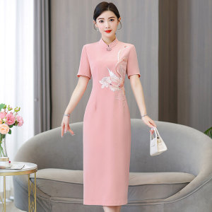 RM18147#中式夏季精致刺绣花时尚感优雅减龄长款修身显瘦女连衣裙