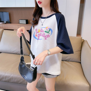 RM12771#后包领华夫格韩版中长款小众夏季短袖T恤女