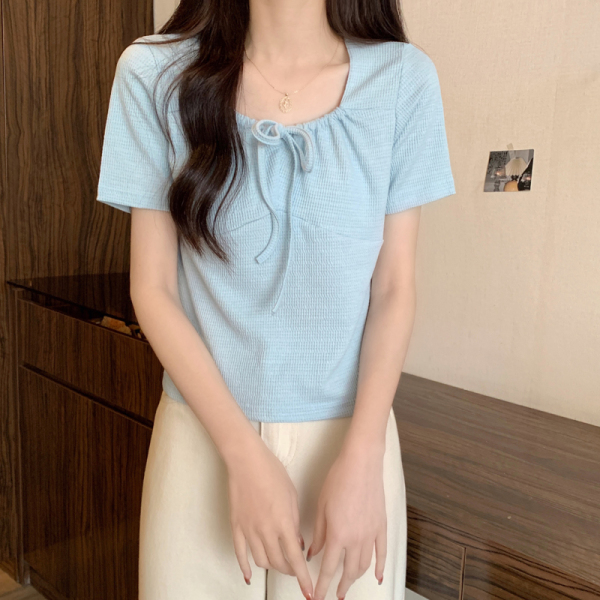 RM16269#夏季新款法式方领短袖T恤独特小众甜辣系带显瘦上衣