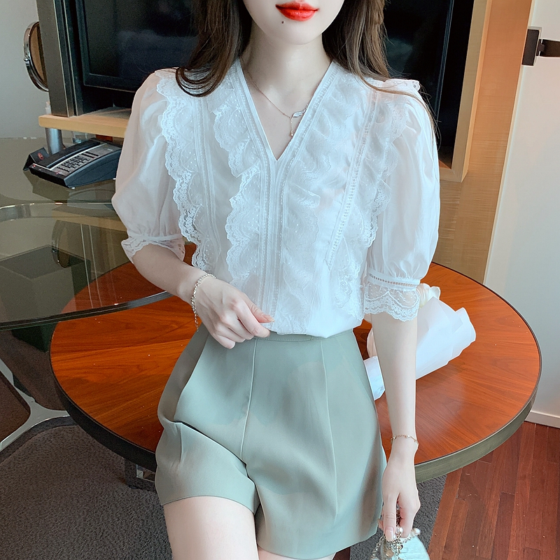 珍珠白蕾絲拼接上衣女2026夏季新輕薄氣質高級感短袖小衫