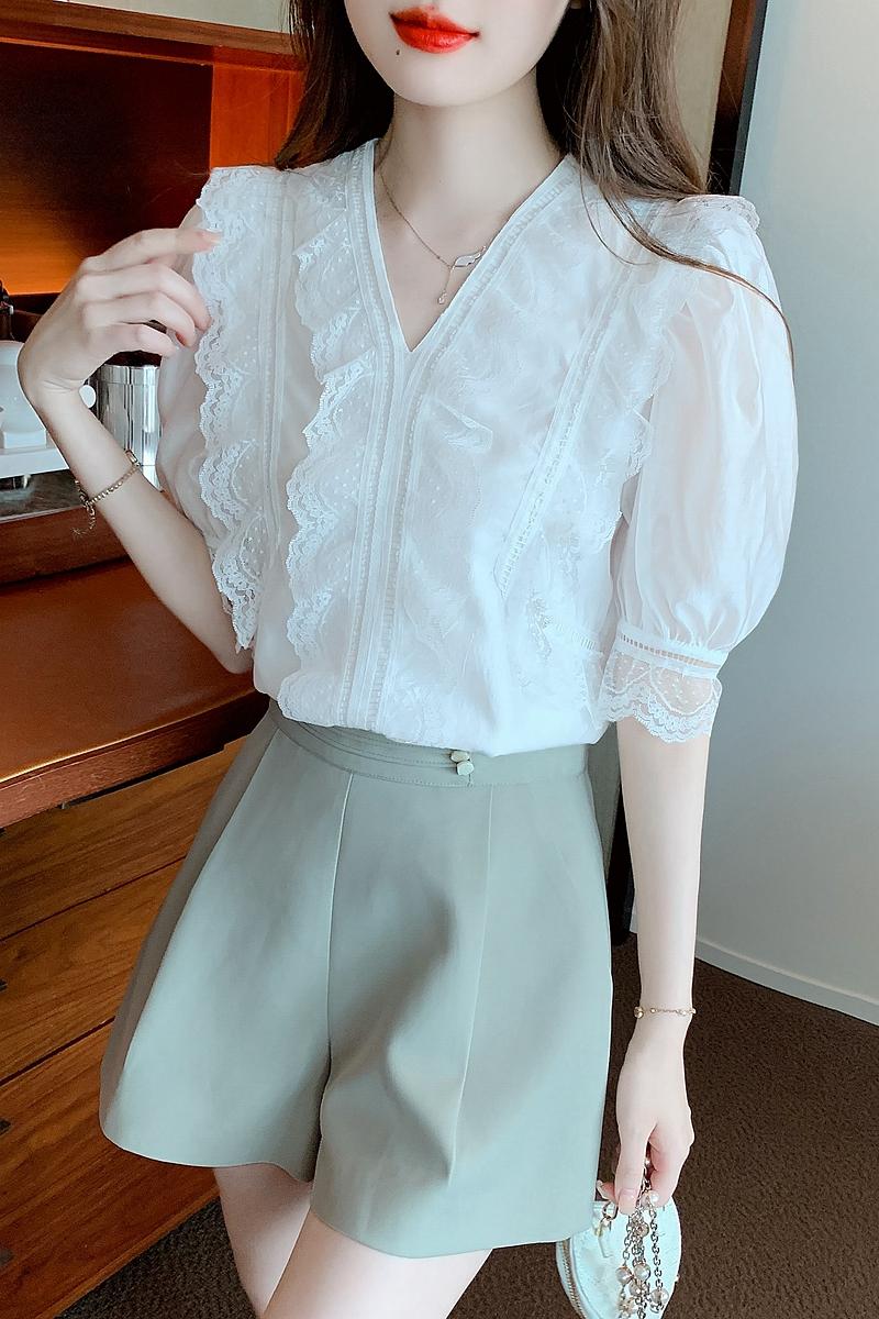 珍珠白蕾絲拼接上衣女2026夏季新輕薄氣質高級感短袖小衫