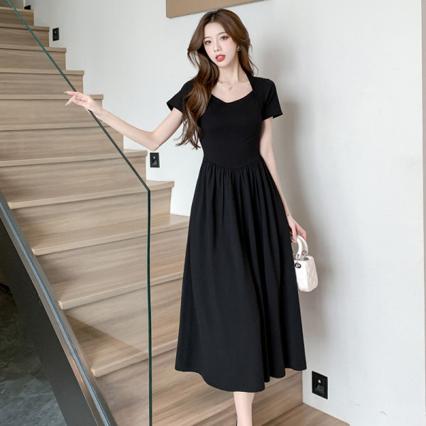 RM13601#韩版黑色修身方领连衣裙夏季短袖T恤长裙百搭显瘦赫本风a字裙