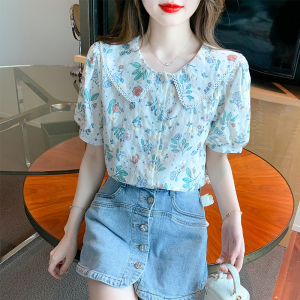 RM18492#娃娃领花衬衫女2022夏季新款设计感小众别致提花短袖上衣女