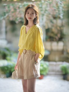 TR36589# 新品已开lemon小衫天丝苎麻清凉透.气！柠檬黄/蓝色 服装批发女装批发服饰货源