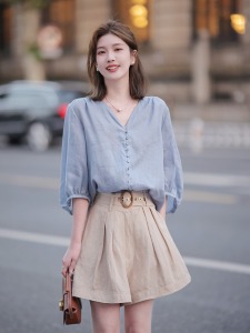 TR36589# 新品已开lemon小衫天丝苎麻清凉透.气！柠檬黄/蓝色 服装批发女装批发服饰货源