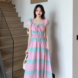 TR45471# 韩版小飞袖度假风彩虹格子连衣裙女 服装批发女装批发服饰货源