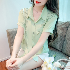 RM12866#夏季新款韩版Polo领短袖条纹衬衫女时尚减龄短款上衣百搭衬衣