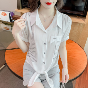 RM12866#夏季新款韩版Polo领短袖条纹衬衫女时尚减龄短款上衣百搭衬衣