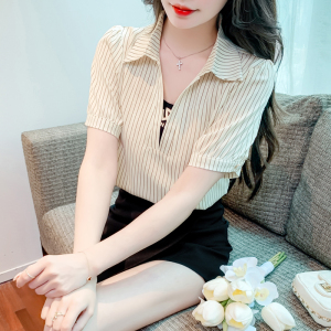 RM12865#夏季新款韩版宽松V领短袖假两件条纹衬衫女时尚减龄雪纺上衣