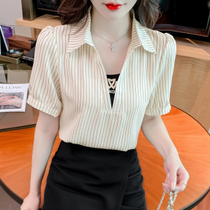 RM12865#夏季新款韩版宽松V领短袖假两件条纹衬衫女时尚减龄雪纺上衣