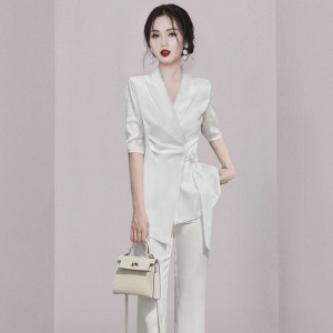 RM23454#休闲西装套装女夏季薄款时尚气质职业名媛小香风高端白色系带西服