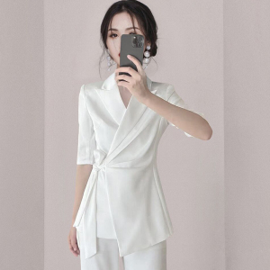 RM23454#休闲西装套装女夏季薄款时尚气质职业名媛小香风高端白色系带西服