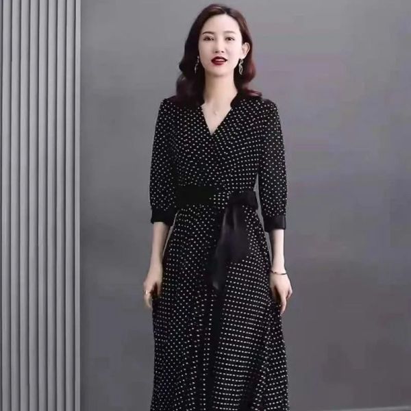 RM15762#夏季新款黑色雪纺长款V领连衣裙高端大码女装气质长裙