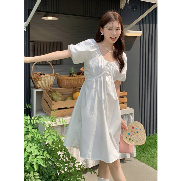 RM19330#夏季新款韩版气质初恋系纯色绑带显瘦泡泡袖连衣裙