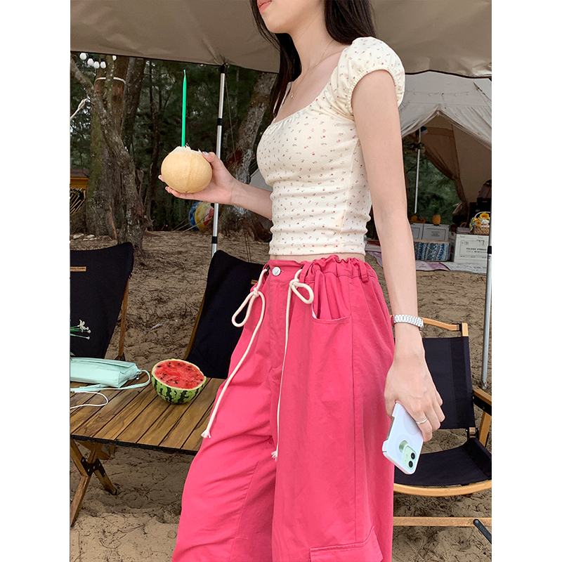 Real shot of square collar slim fit and chic pure lust style T-shirt for women 2024 Korean style puff sleeve French short top