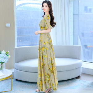 RM17490#夏季连衣裙高级感新款气质洋气修身遮肉黄色雪纺碎花裙子